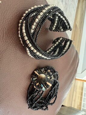 Boho Beaded Bracelet Lot Multi Strand Black Silver Cuff & Shell Focal Pair